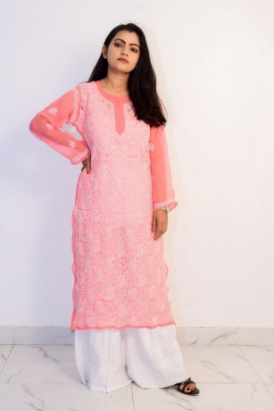 buy-hand-embroidered-lucknowi-chikan-pink-and-white-georgette-kurti-big-0