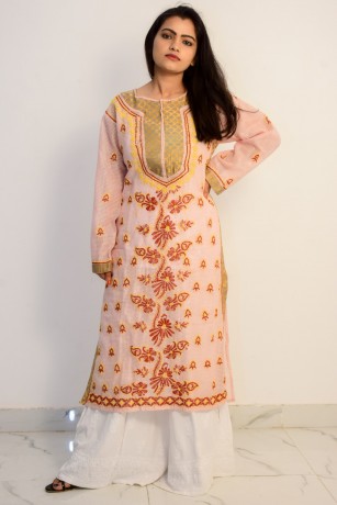 buy-hand-embroidered-lucknowi-chikan-peach-and-red-cotton-kurti-big-0