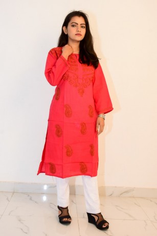 buy-hand-embroidered-lucknowi-chikan-red-cotton-kurti-big-0